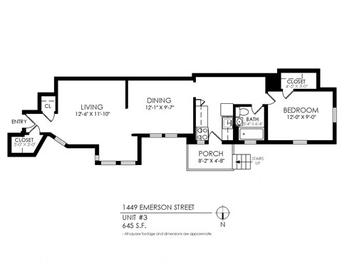 A black and white image of a floor plan for a unit at 1449 Emerson Street.